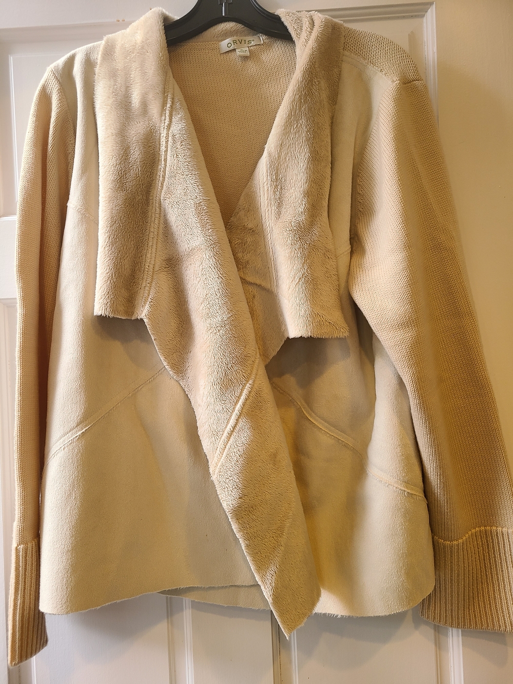 Orvis Cream Faux-Suede Draped Open-Front Cardigan